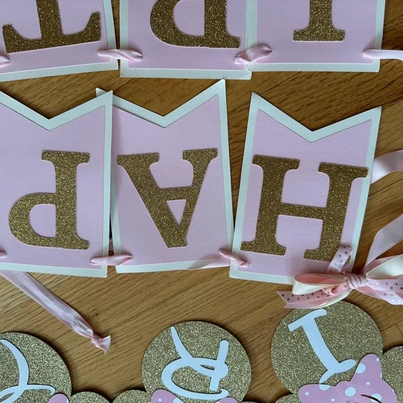 TWO Happy 1st Birthday Banners + month pic banner Minnie pink gold - Picture 6 of 7